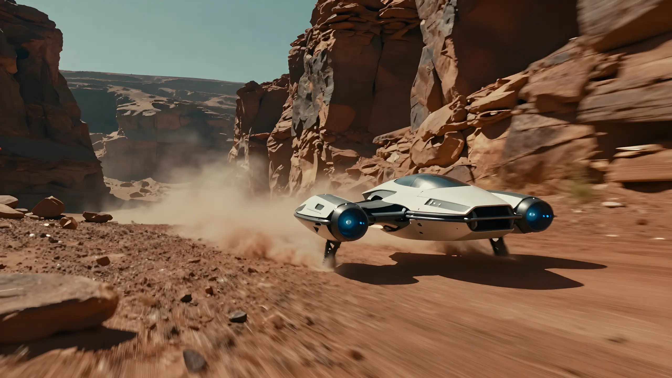 A hover-speeder tearing through a red desert canyon, kicking up dust