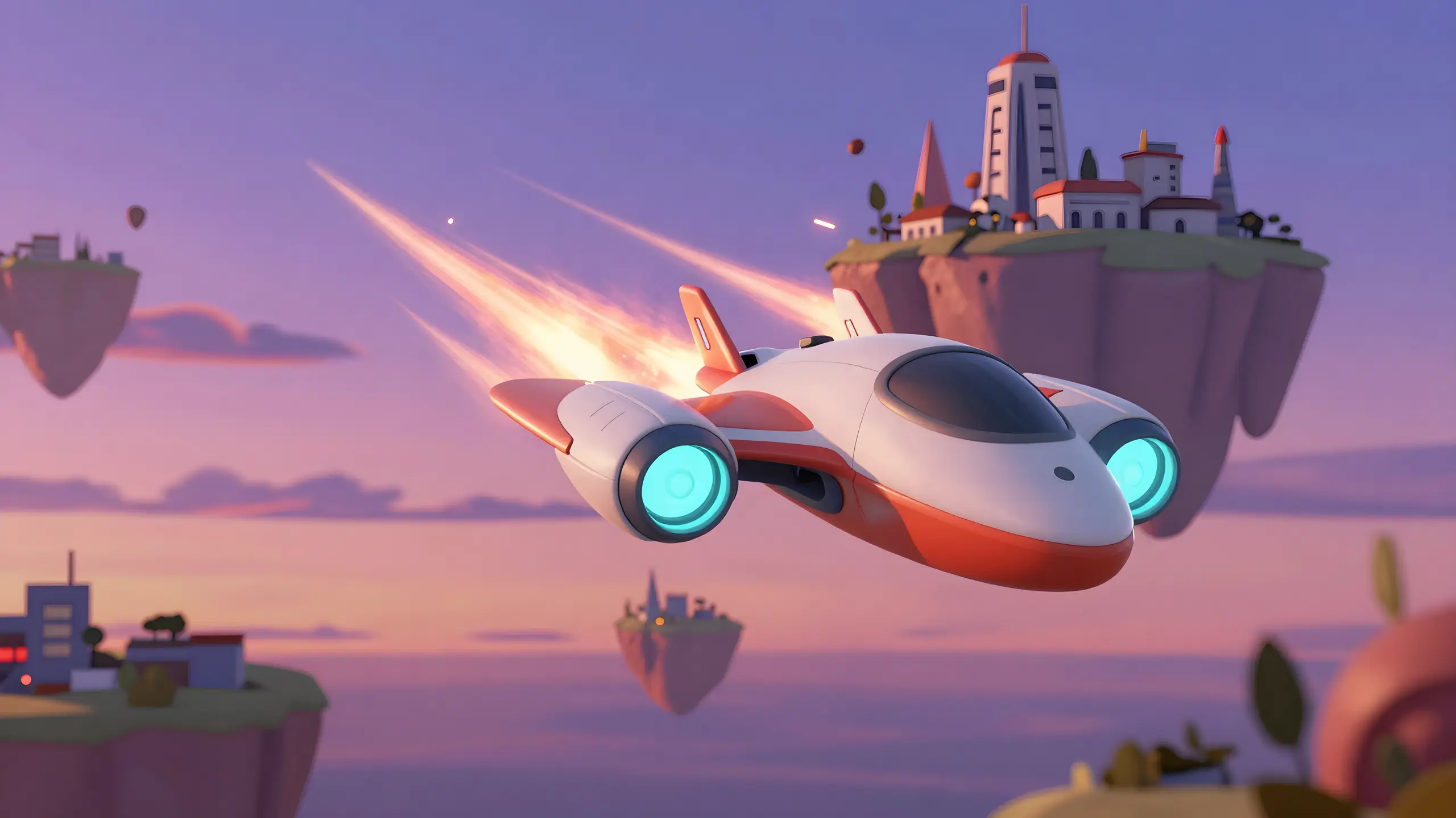 An animated-film style hover-jet racing past floating sky islands at sunset, with flame trails