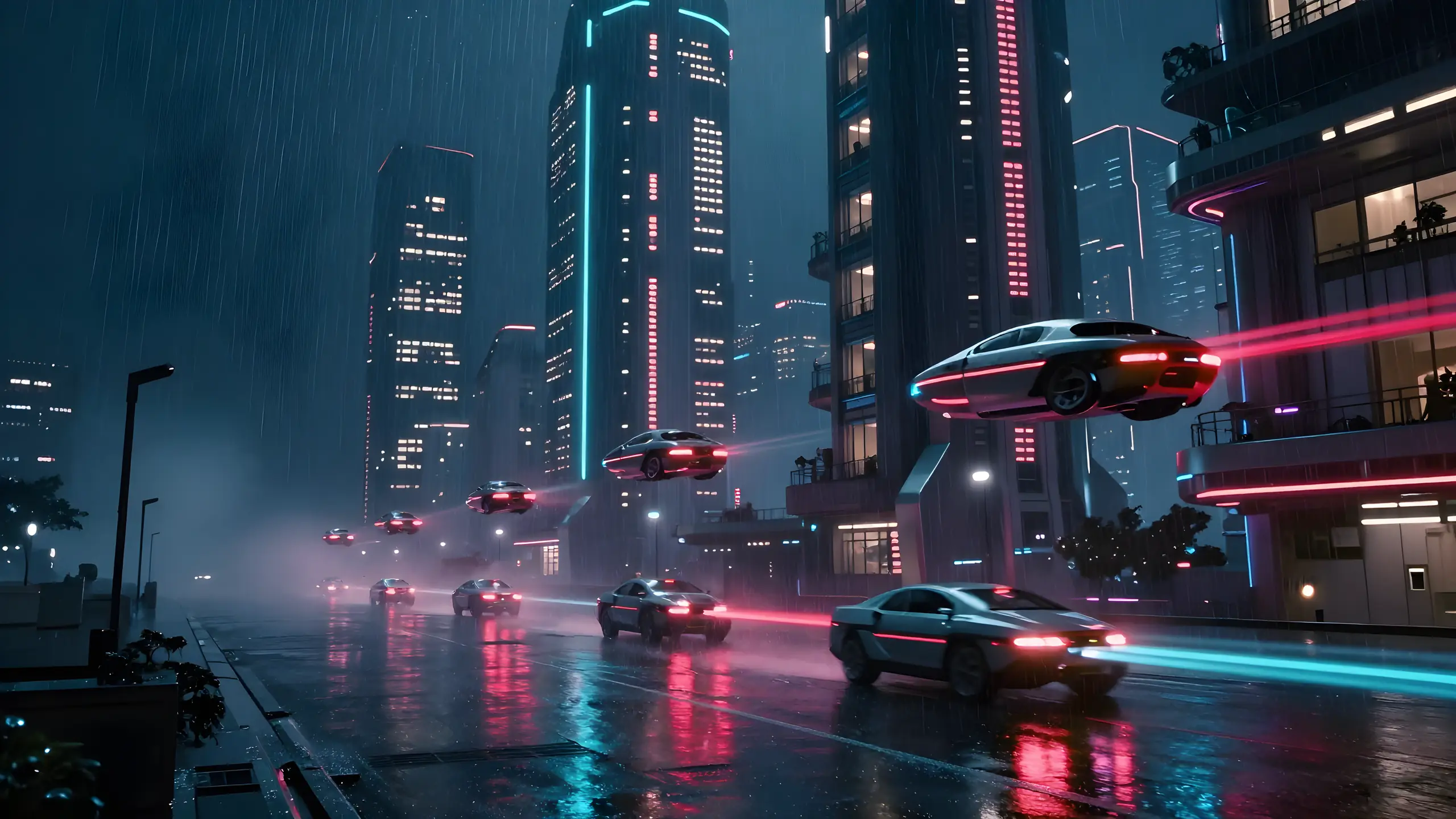 Flying cars and light trails on a rain-soaked street between neon-lit towers at night