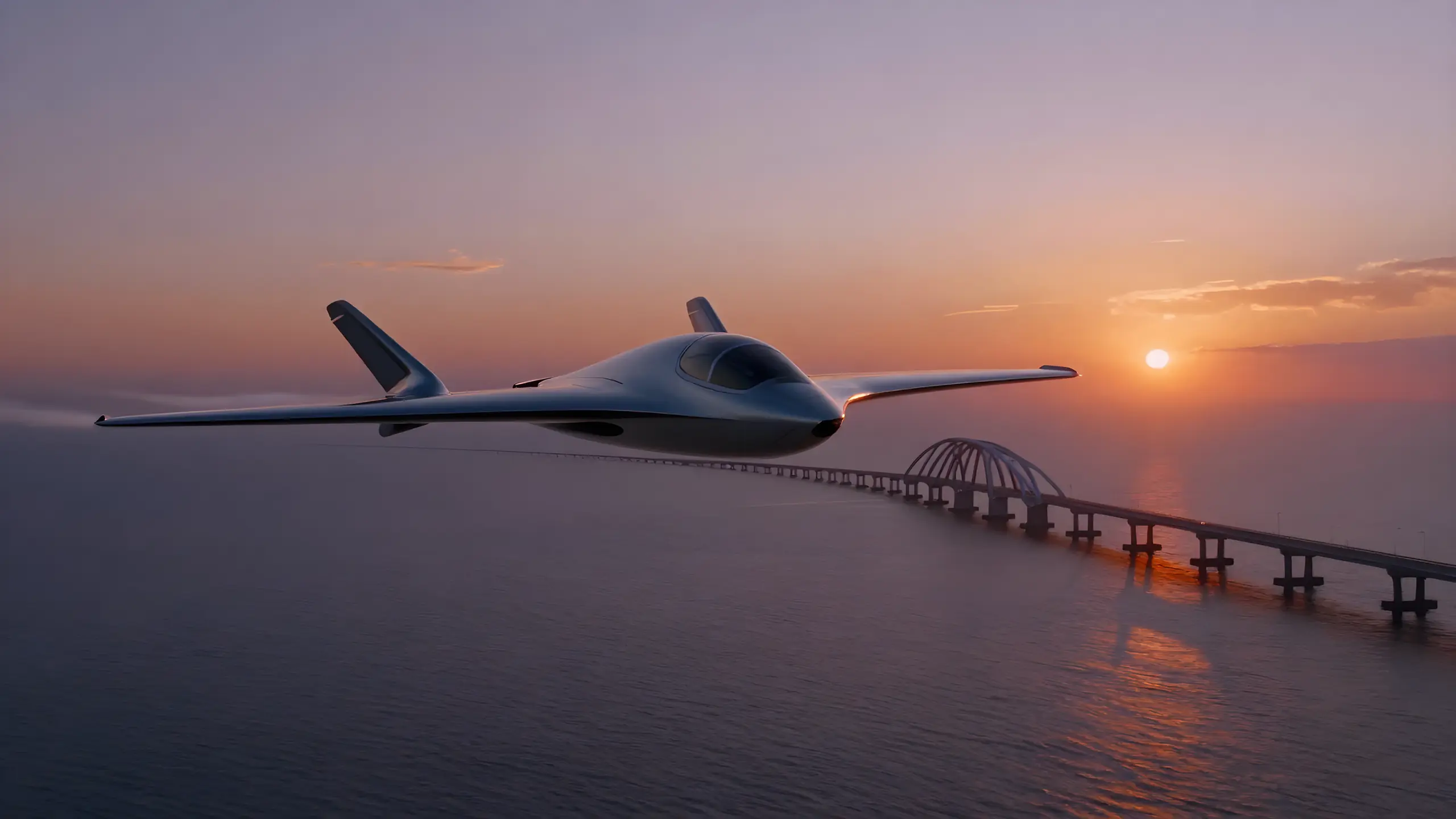 A curved, sculpted aircraft flying low over the sea beside a long bridge at sunset