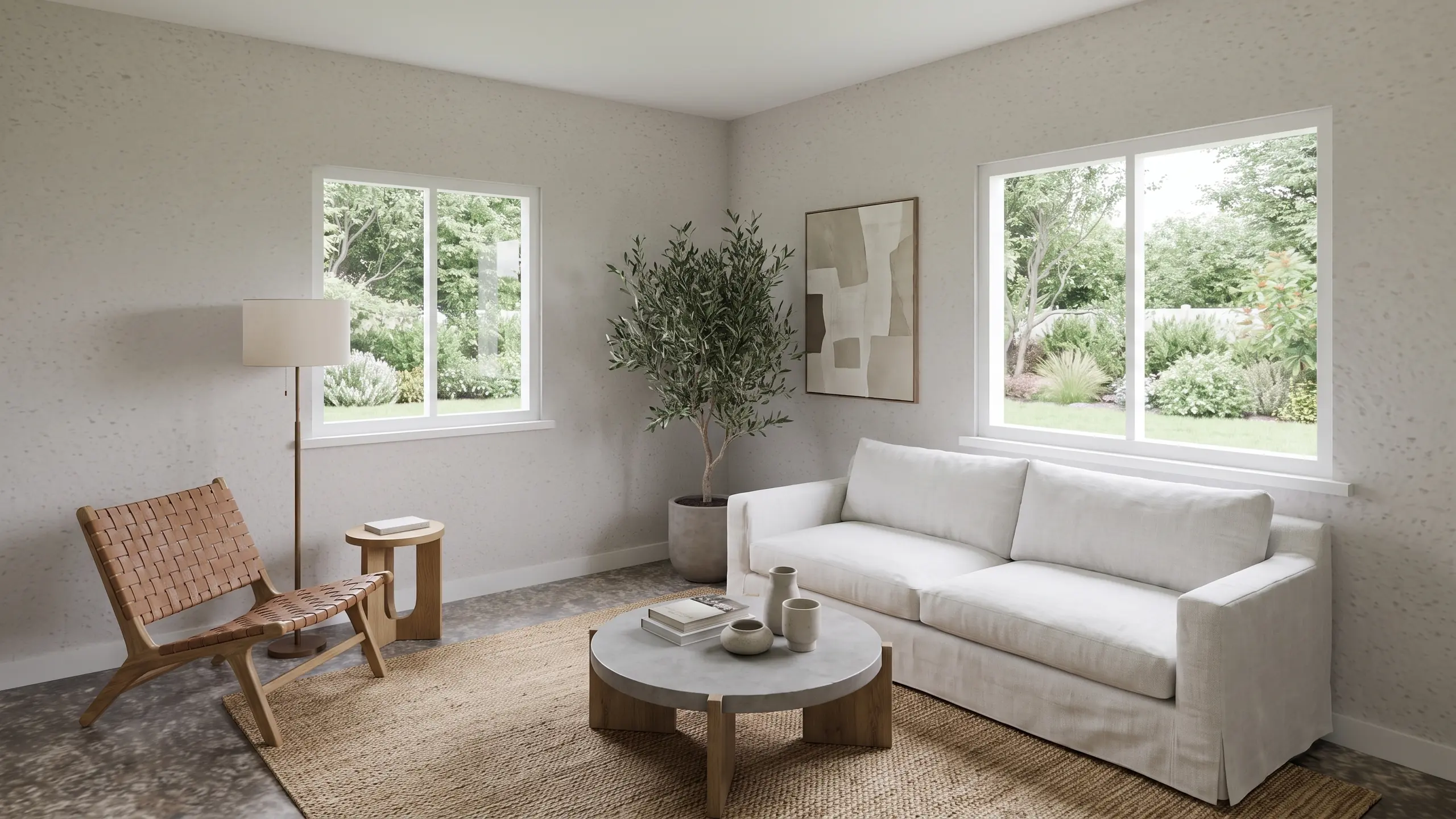 A calm living room with a white sofa, a woven leather chair, an olive tree and a garden through the windows