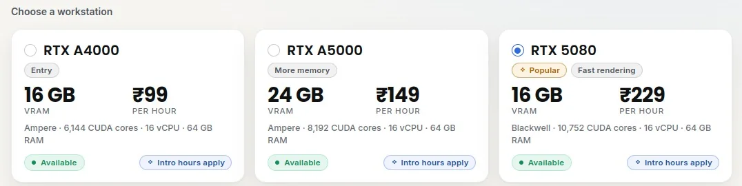 Coreframe Connect: choose a workstation, with the RTX A4000, RTX A5000 and RTX 5080 cards showing VRAM and the price per hour