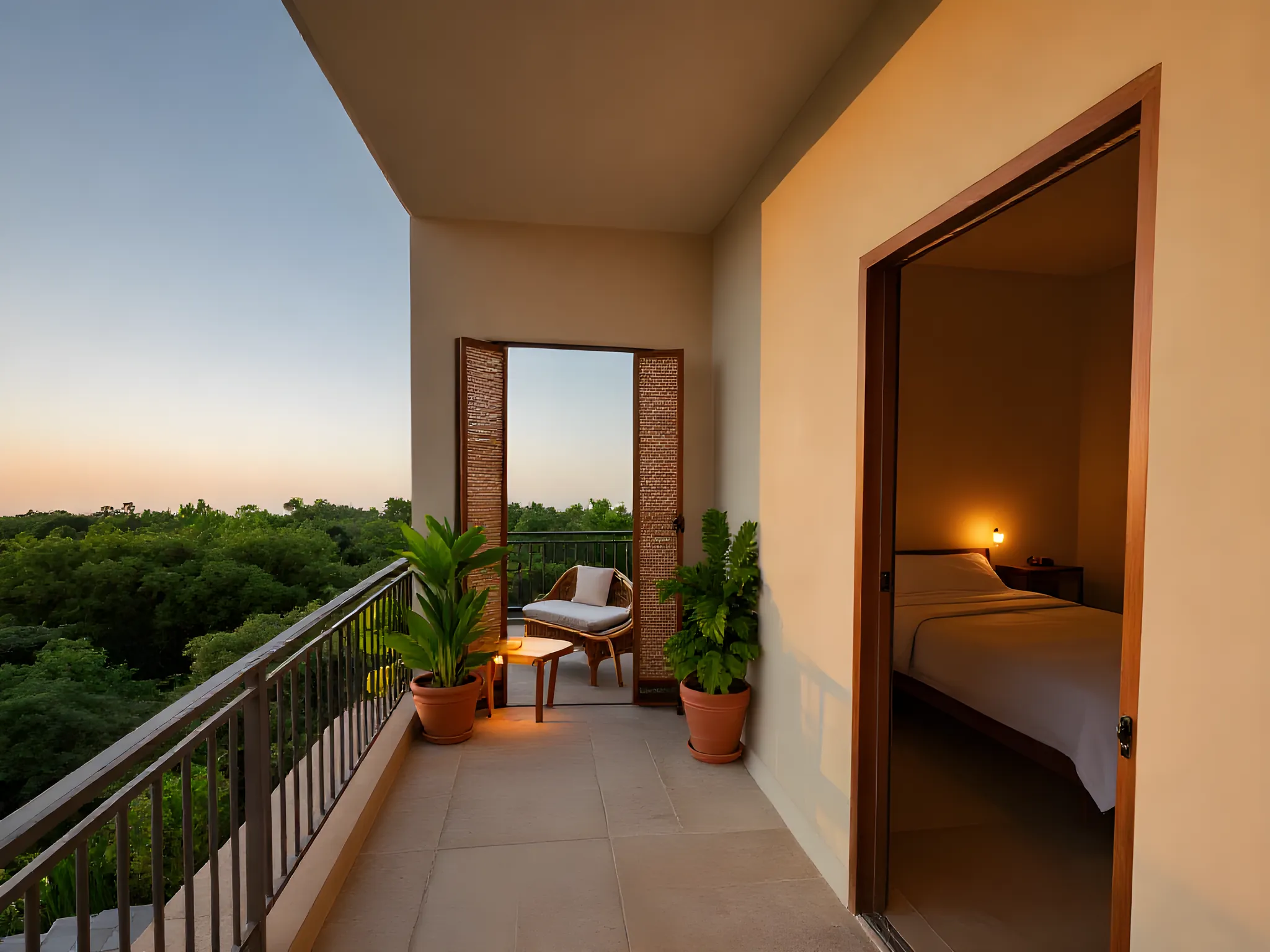 The balcony from the 3BHK plan at dusk: potted plants, a cane chair and a railing over trees, with a lit bedroom through the door (generated image)