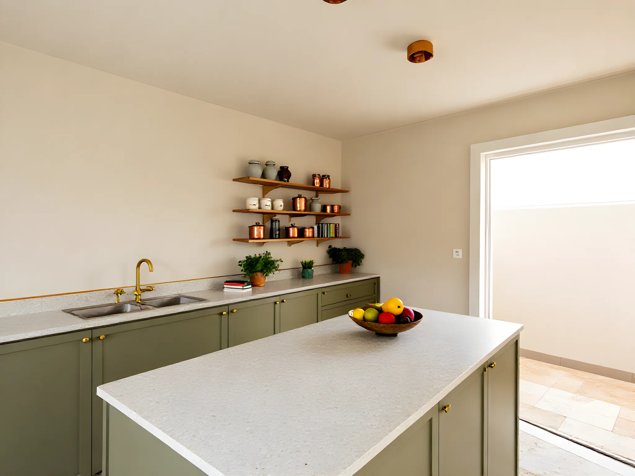 The kitchen from the 3BHK plan: sage-green cabinets, a stone-topped island with a fruit bowl, open shelves with copper jars and brass taps (generated image)