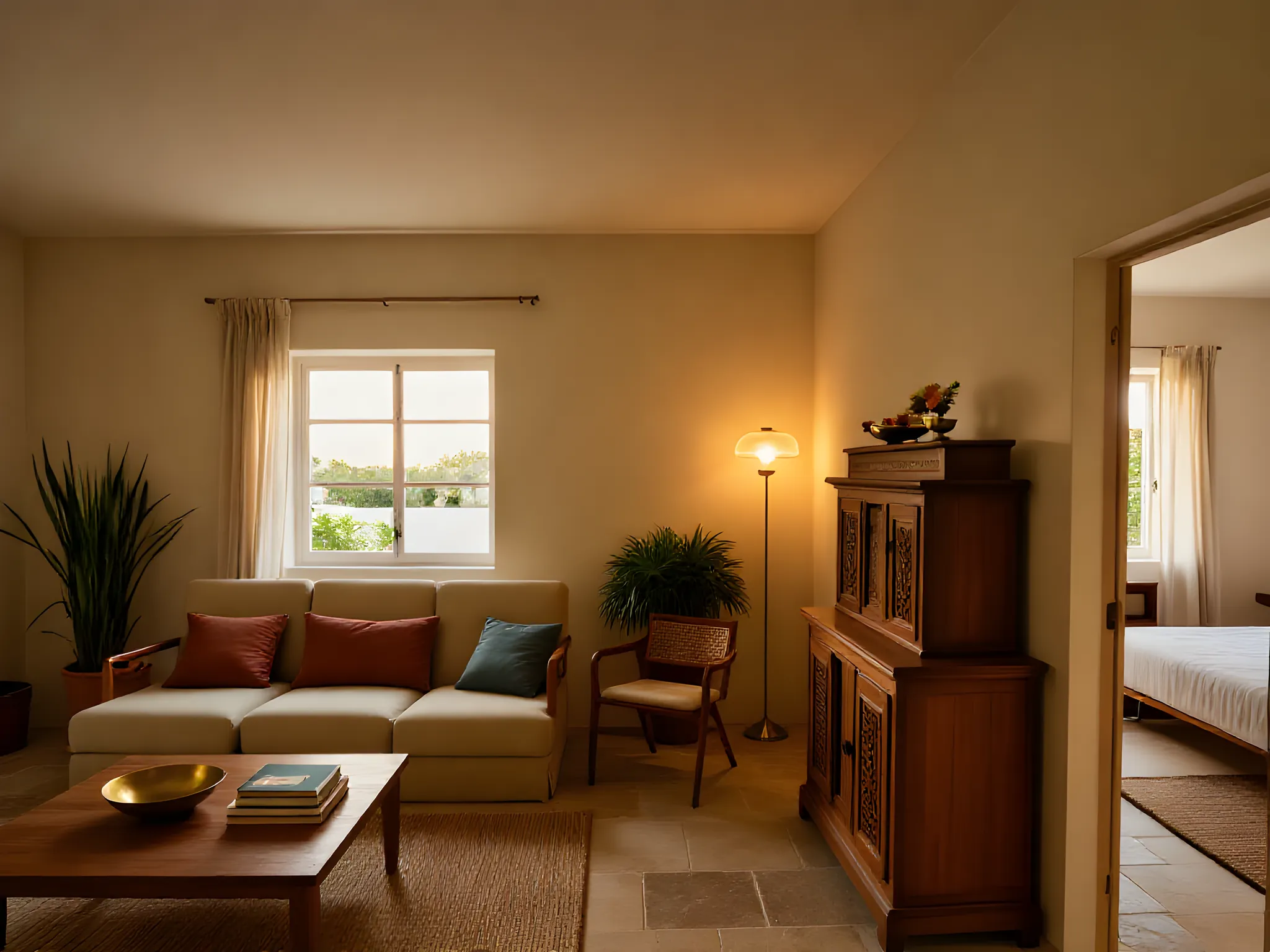 The living room from the 3BHK plan, furnished: a sofa with cushions, a carved wooden cabinet, a floor lamp, plants and a rug on a stone floor, with the doors and window as drawn (generated image)