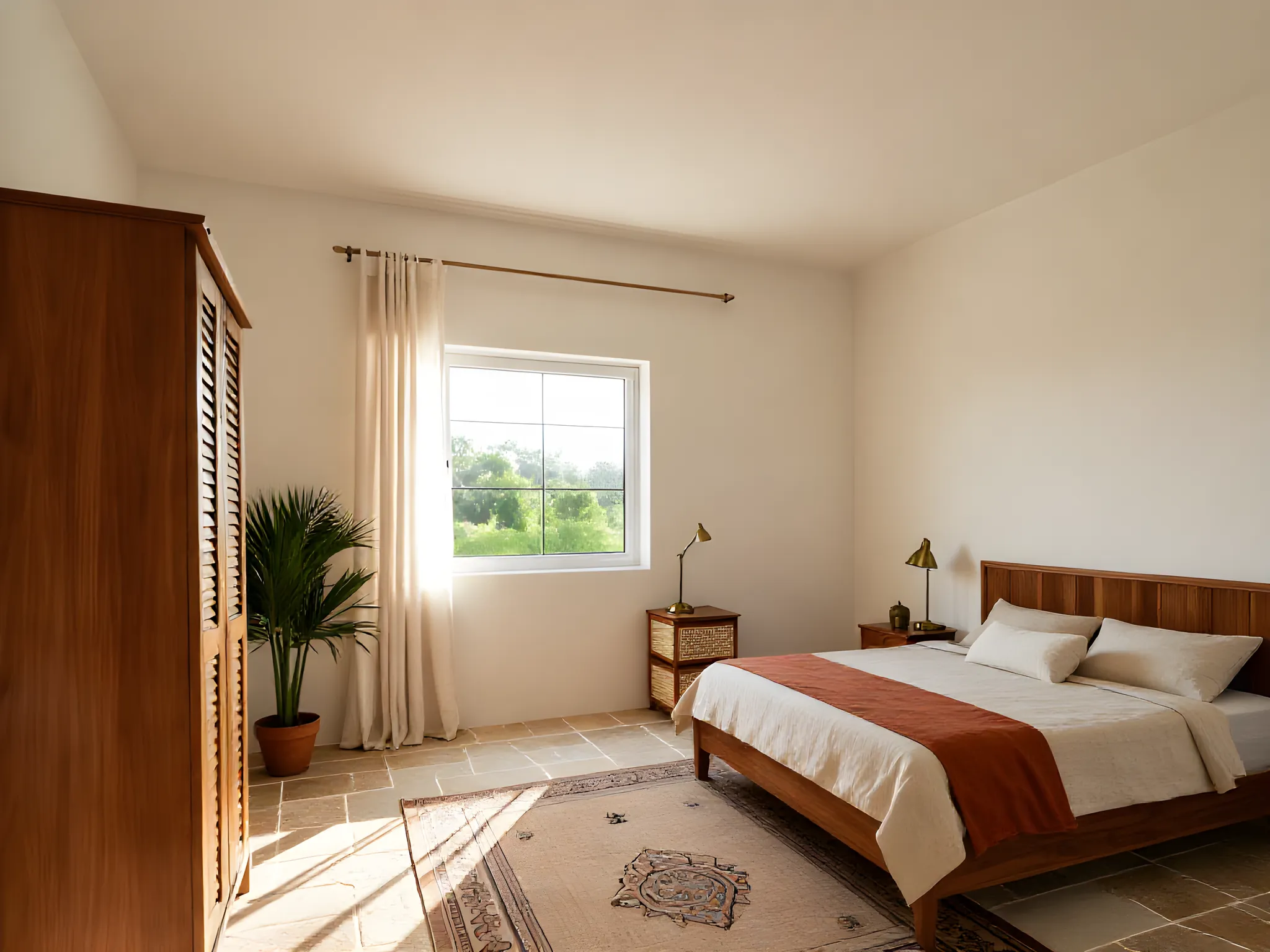 The master bedroom from the 3BHK plan: a teak bed with a rust throw, a tall louvred wardrobe, a patterned rug, a palm and sheer curtains (generated image)