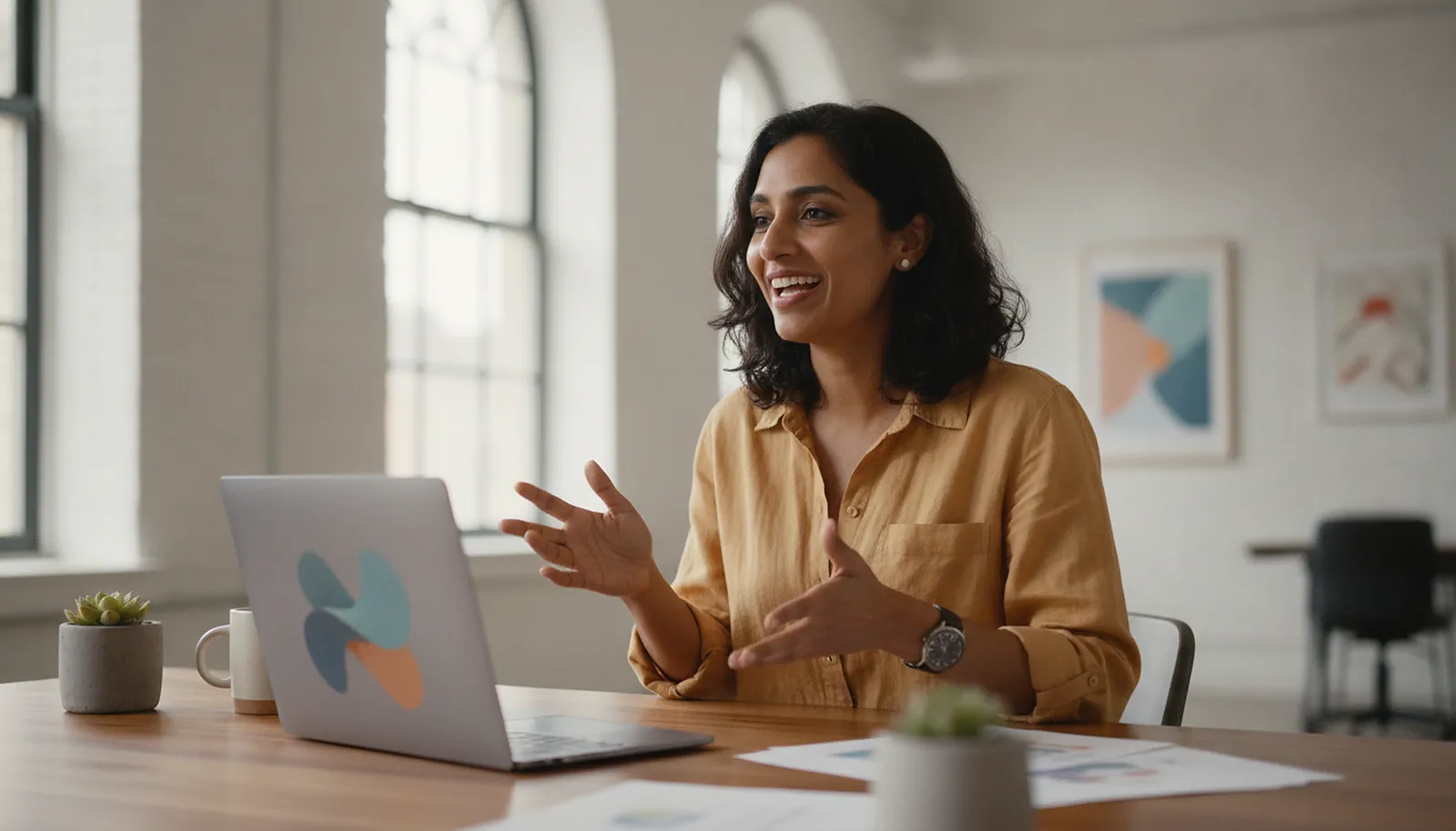 A studio founder on a video call at her desk