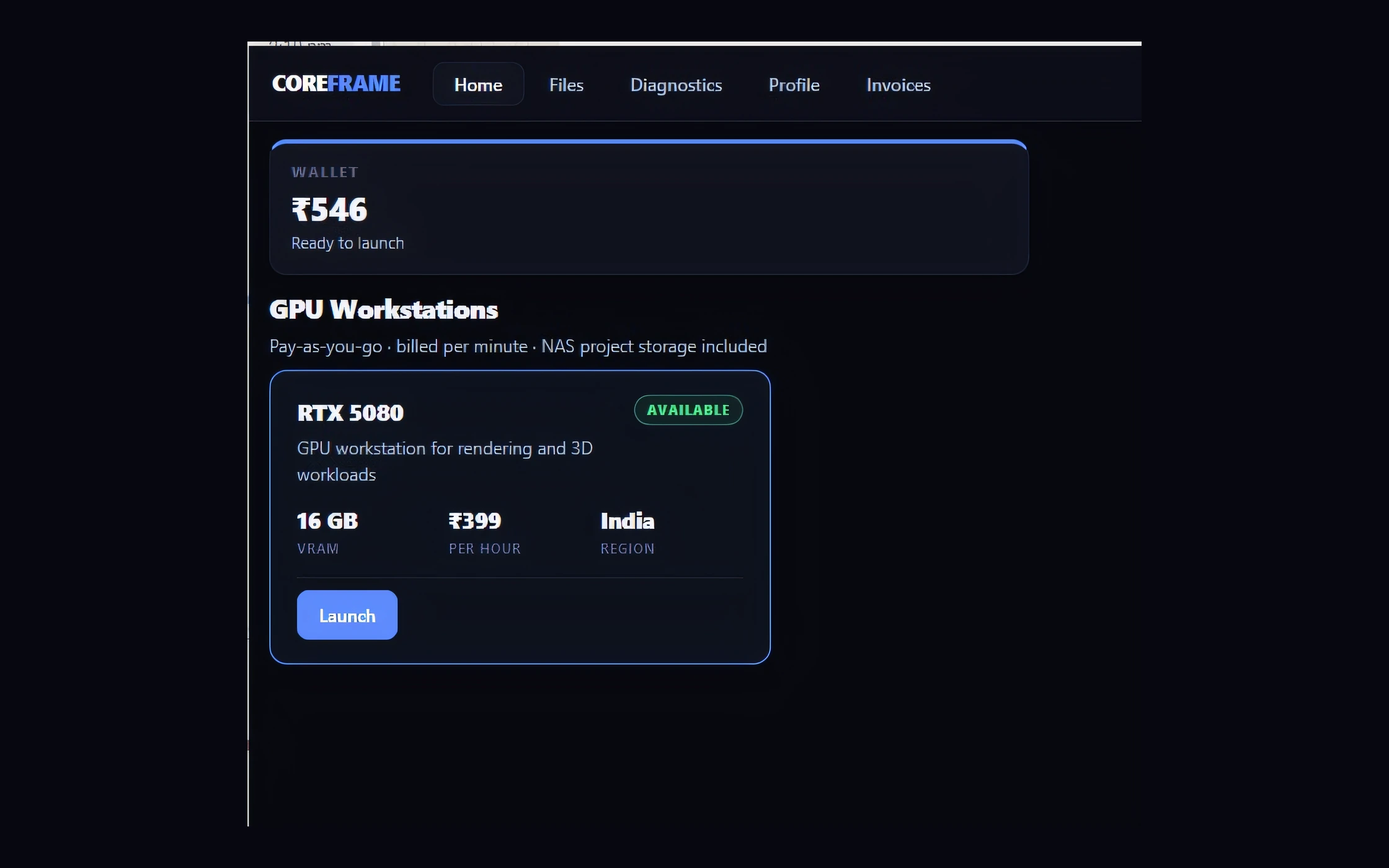 The RTX 5080 workstation tile with its Launch button