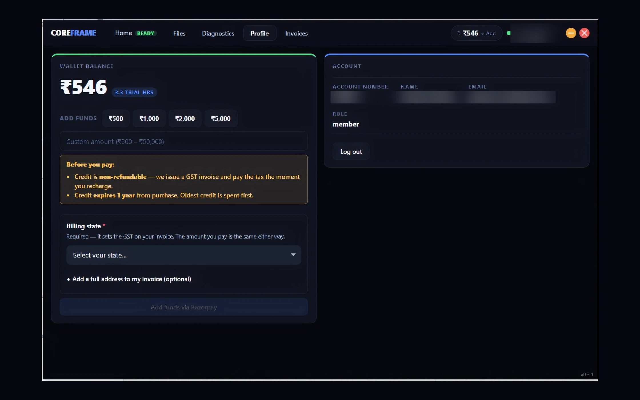 The wallet with top-up amounts