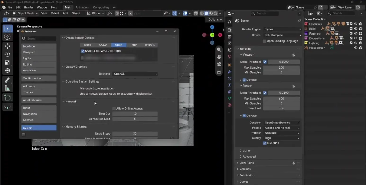 Blender Preferences, System tab, with OptiX selected and the RTX 5080 ticked. Render properties show Cycles and GPU Compute.