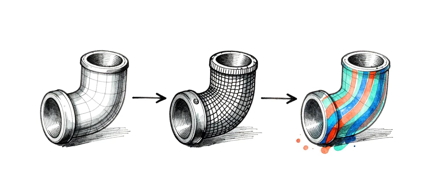 Sketch of the same pipe elbow three times: plain geometry, then covered in mesh, then with coloured flow