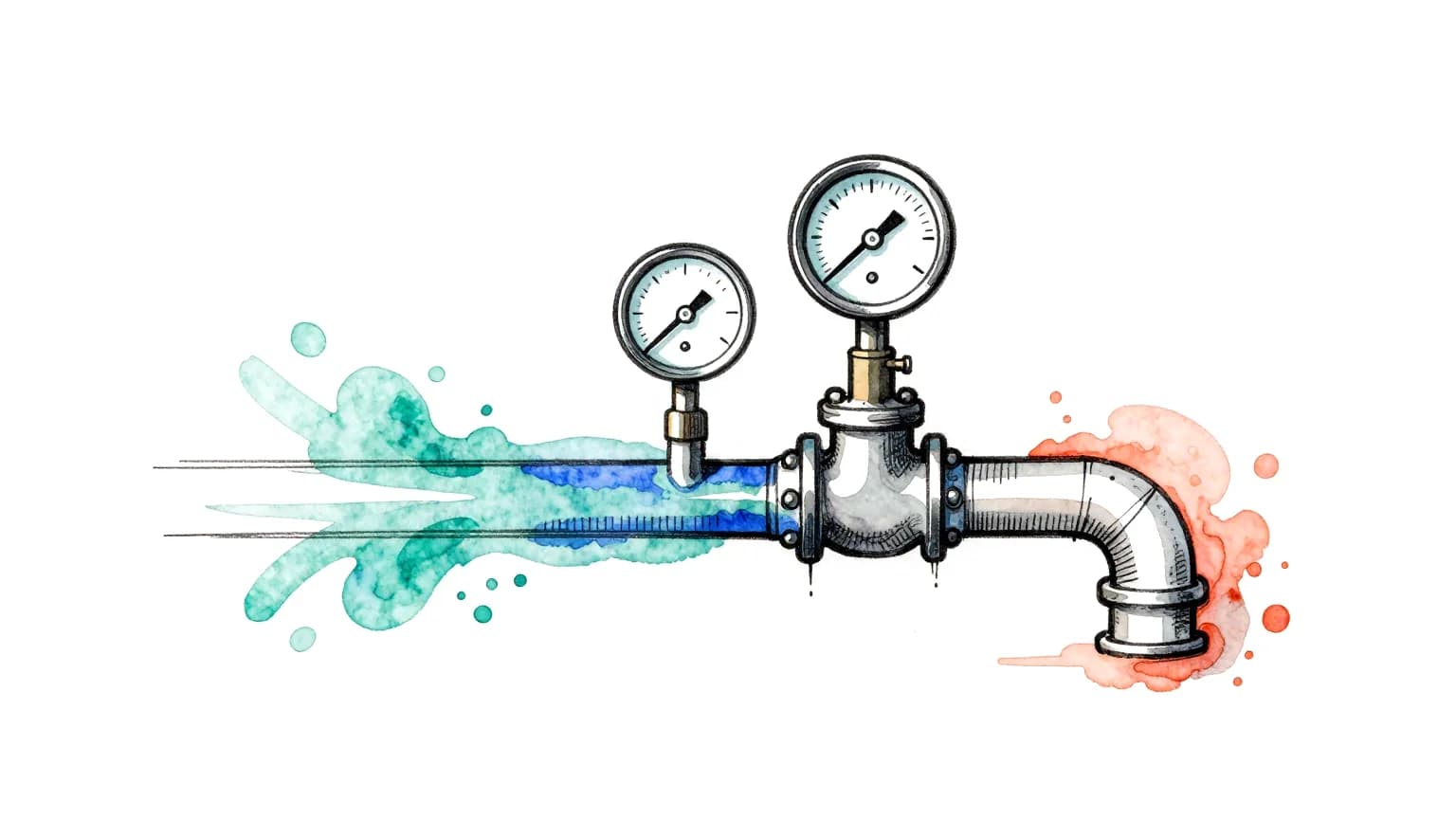 Sketch of a pipe with a valve and an elbow, and a pressure gauge on each side of the valve
