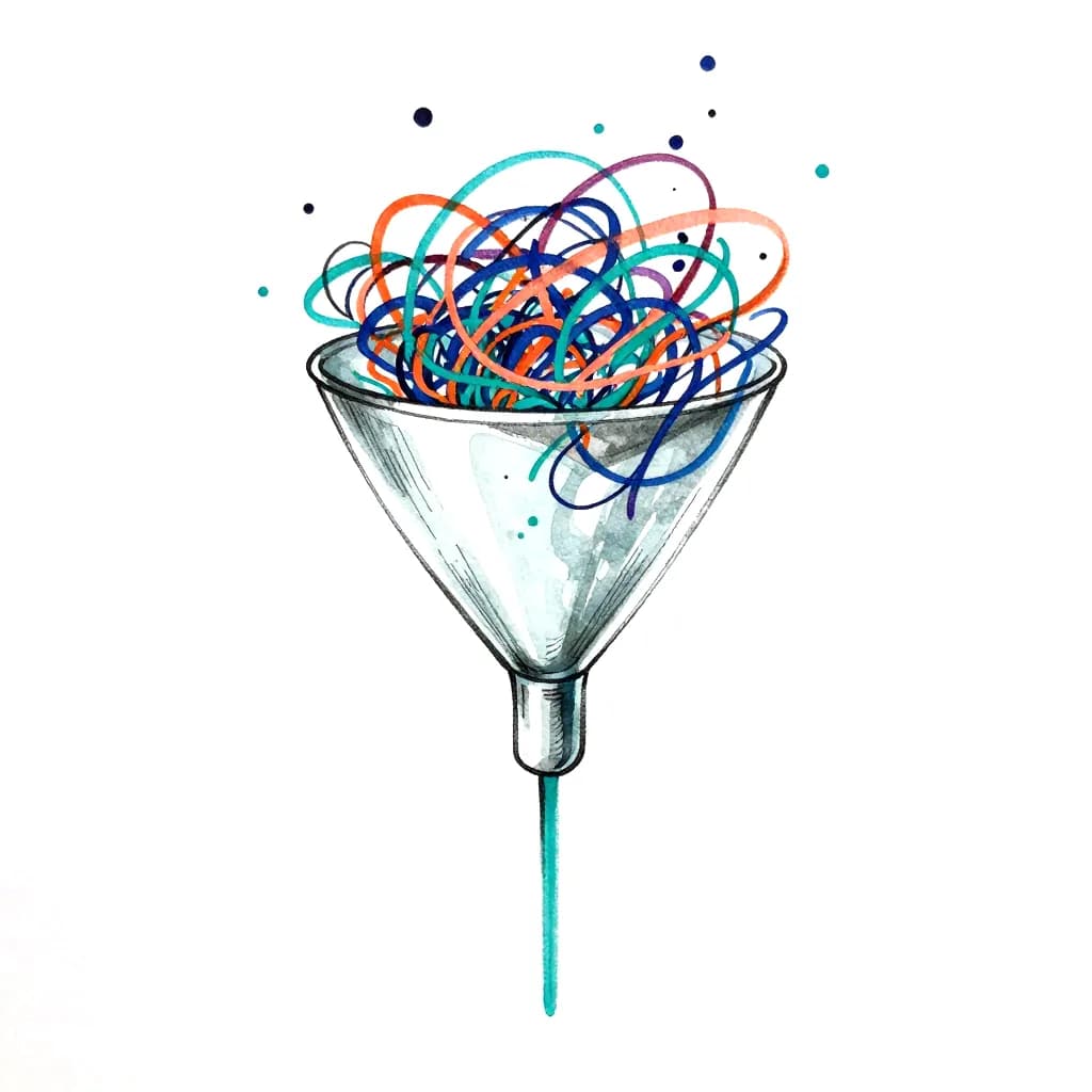 Sketch of a glass funnel: tangled colourful lines go in at the top, one calm line comes out of the spout