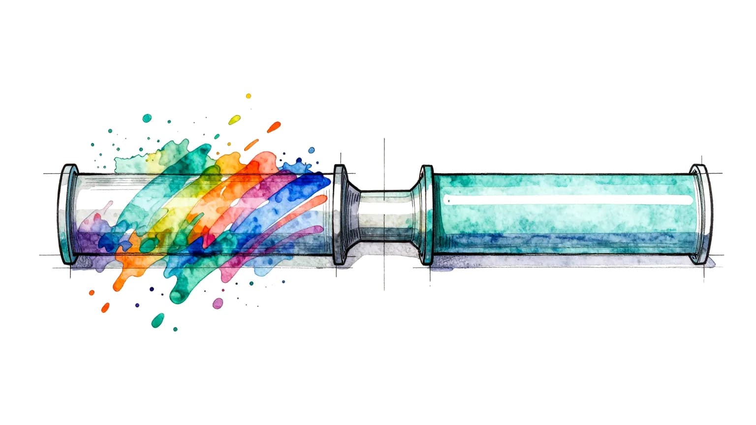 Sketch of the same pipe twice: on the left a chaotic rainbow splash, on the right calm teal flow