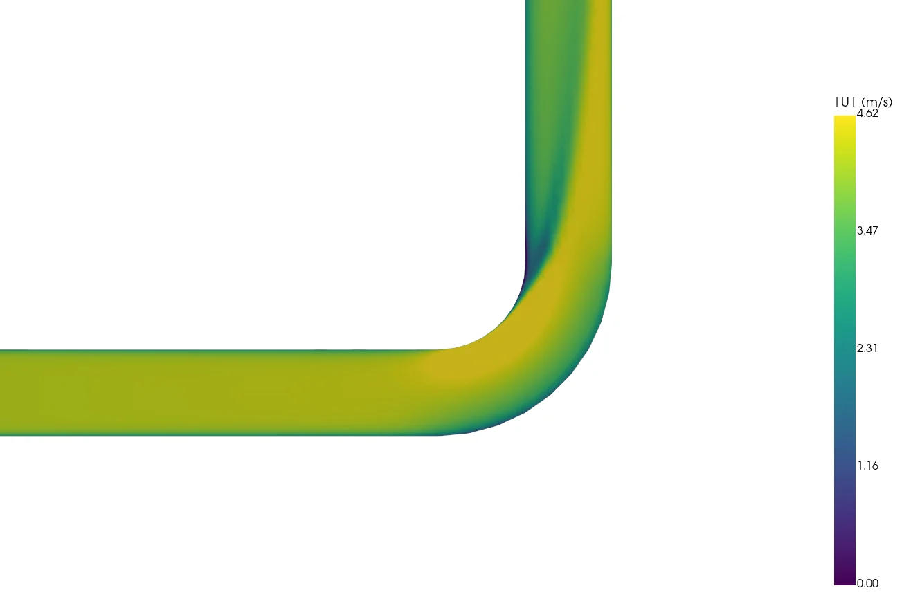 Velocity magnitude on the mid-plane of a 90 degree pipe bend, from a Coreframe CFD run