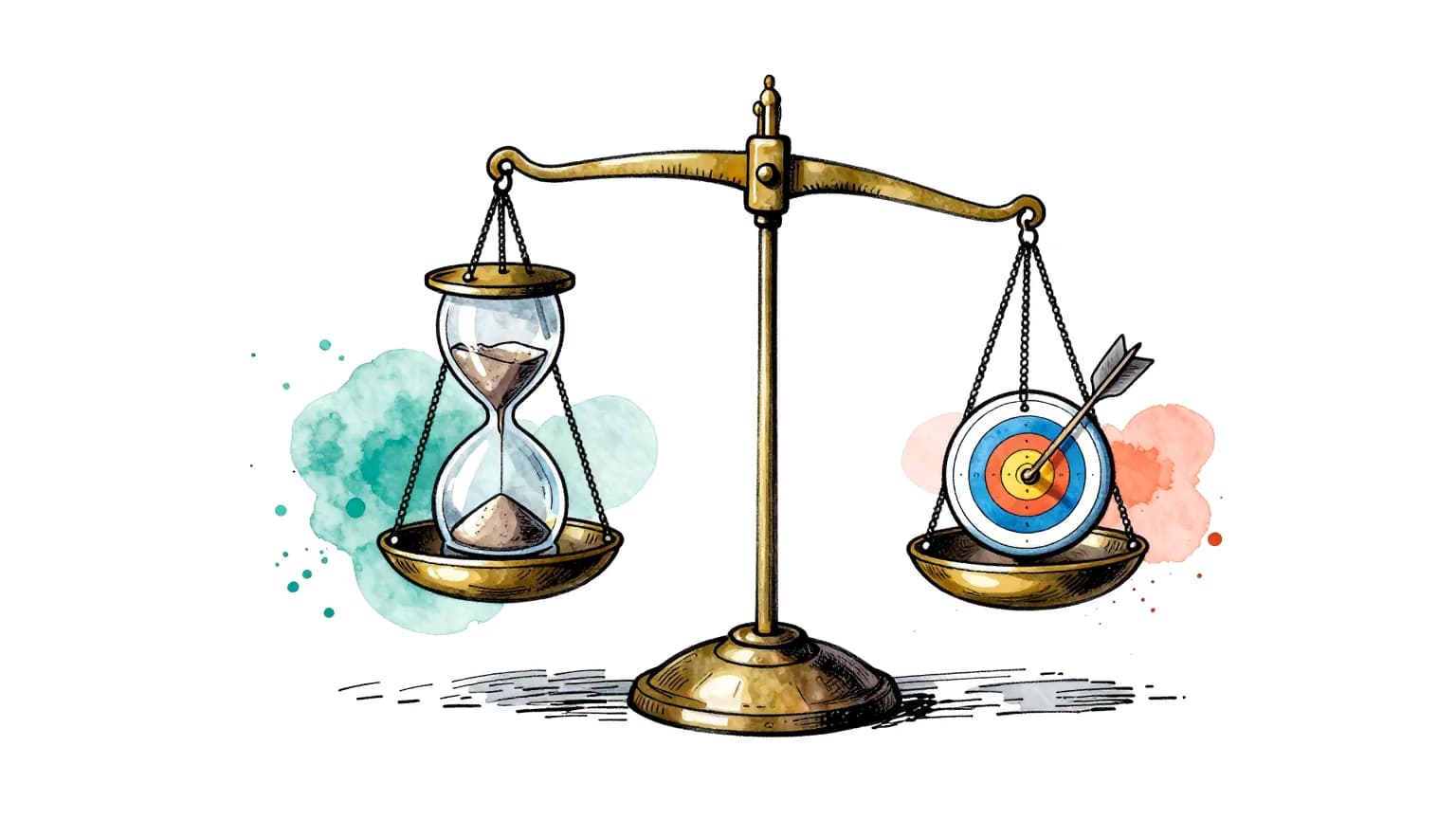 Sketch of a brass balance scale with an hourglass on one pan and an archery target on the other, level