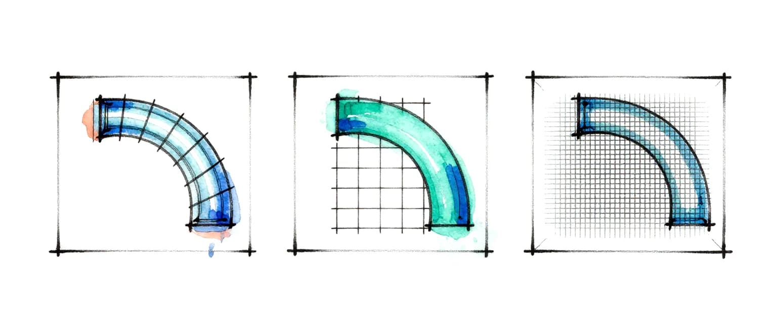Sketch of the same pipe bend three times: on a coarse, a medium and a fine mesh