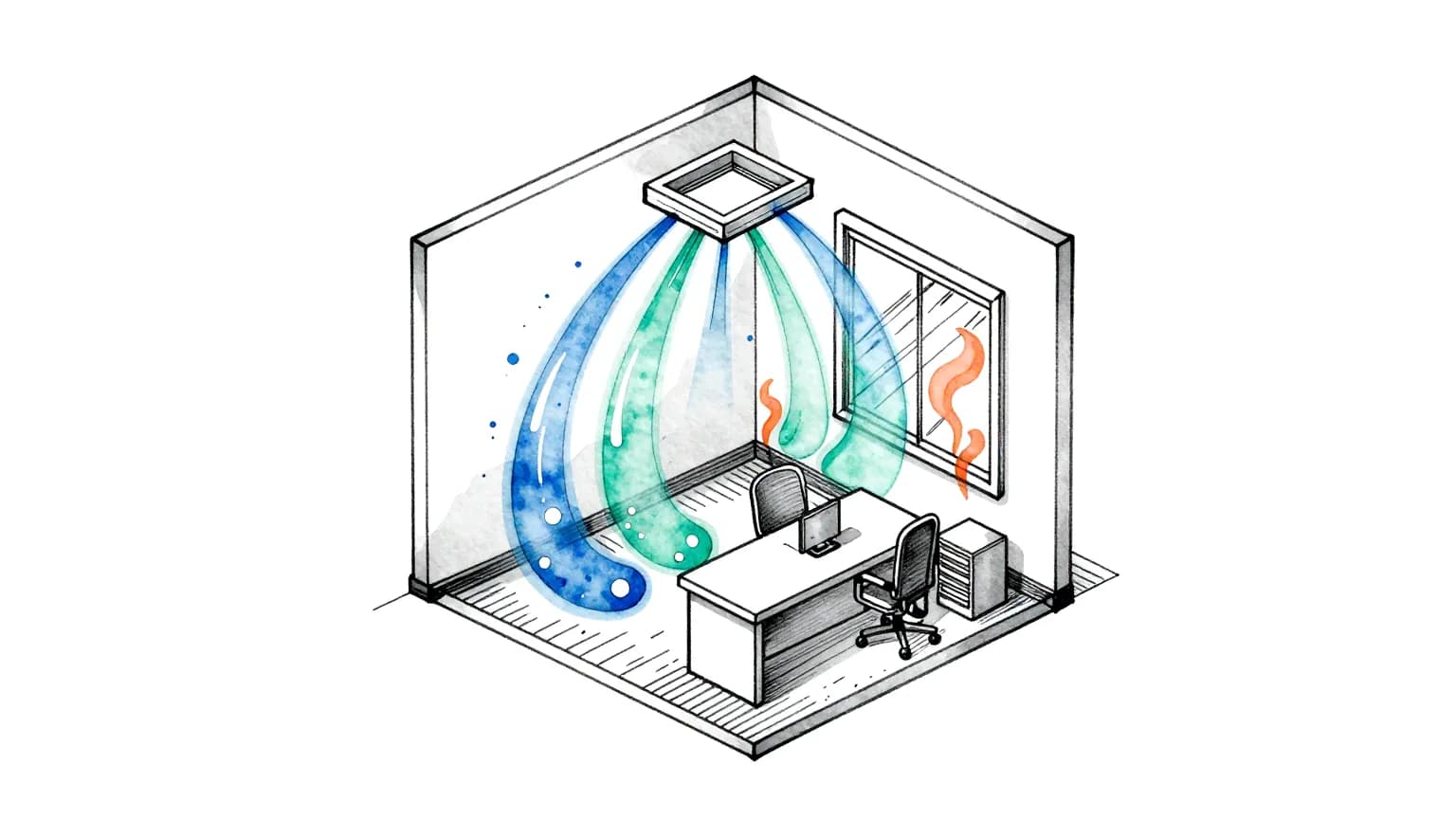 Sketch of a room cut open, with air curling down from a ceiling diffuser