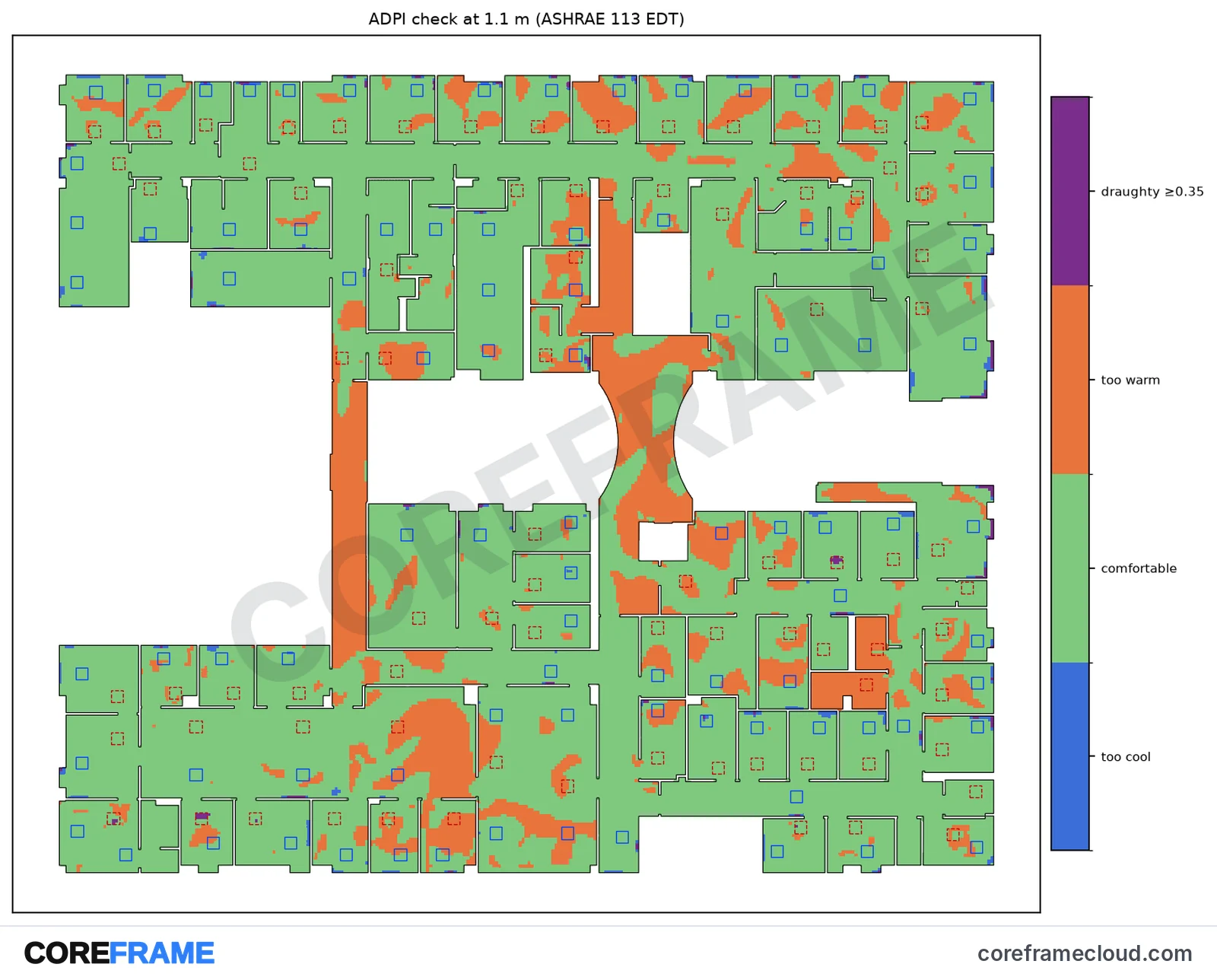 Plan of the second floor marking each point as comfortable, too warm, too cool or draughty under the ASHRAE 113 ADPI test; most of the floor is comfortable