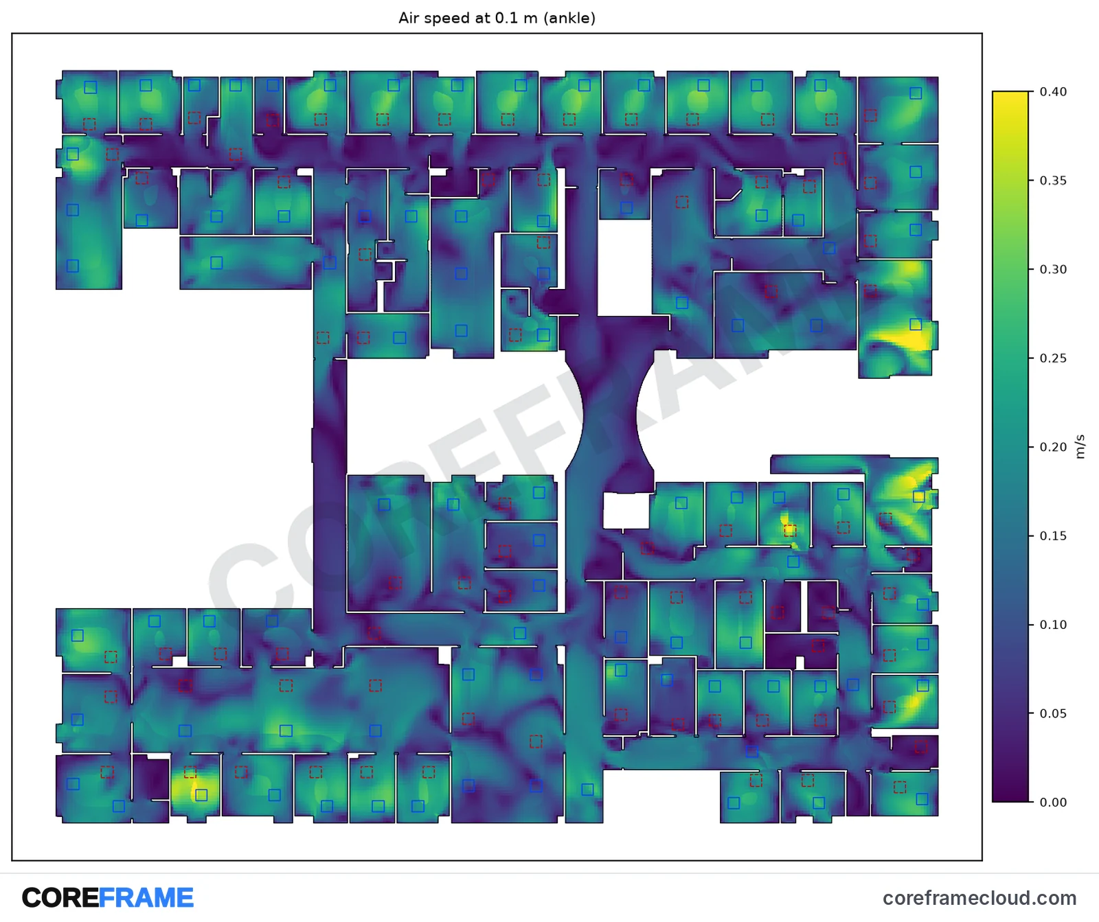 Plan of the clinic's second floor coloured by air speed 0.1 m above the floor; bright yellow and green patches show air above 0.25 m/s in several small treatment rooms