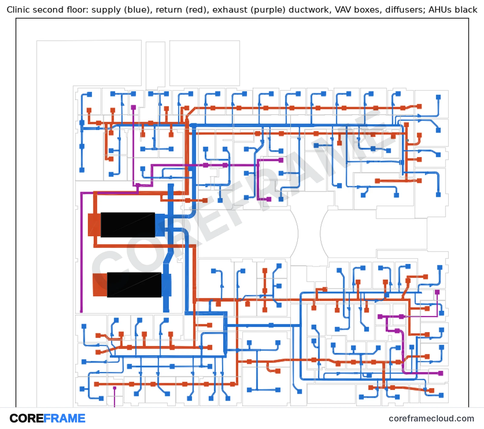 Second-floor HVAC layout from the building model: supply ducts in blue, return ducts in red, exhaust in purple, the two air handlers in black