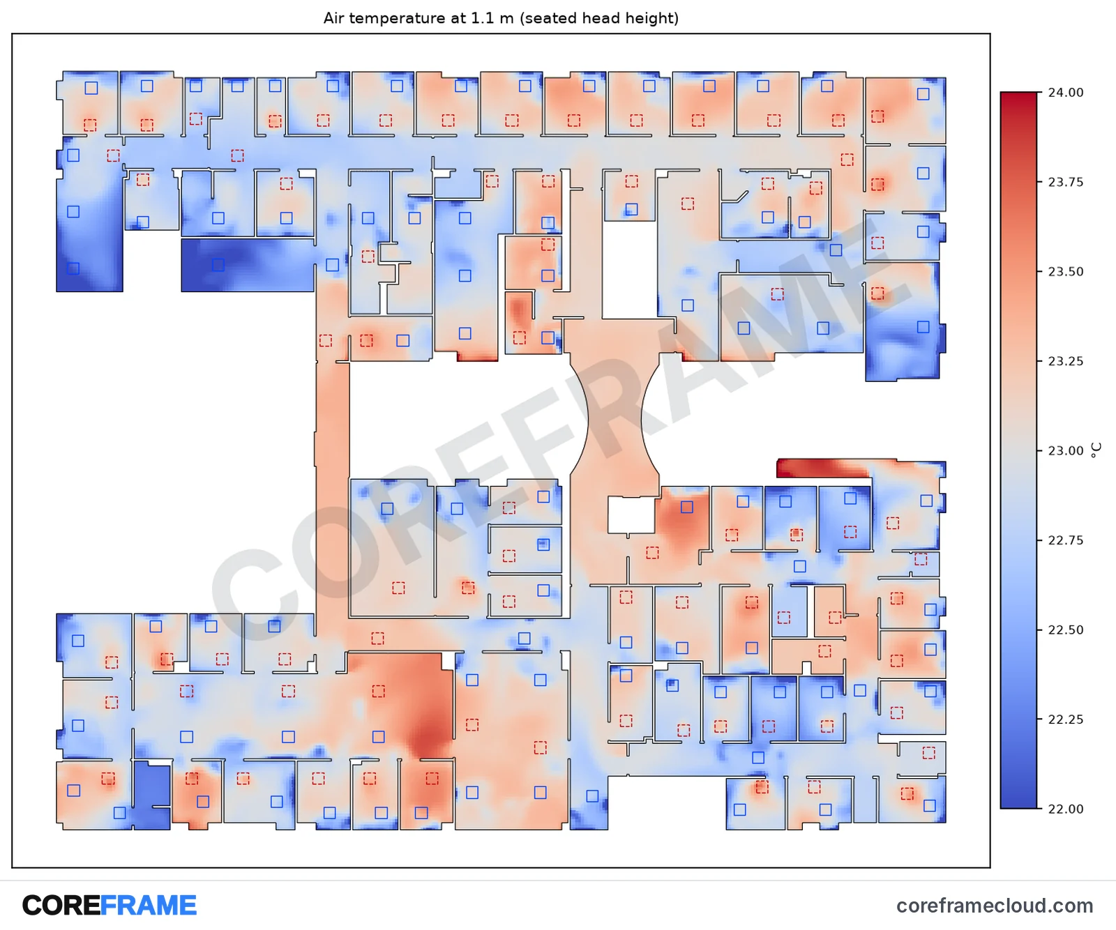 Plan of the clinic's second floor coloured by air temperature at 1.1 m, from 22 °C (blue) to 24 °C (red); most rooms are between 22.5 and 23.5 °C