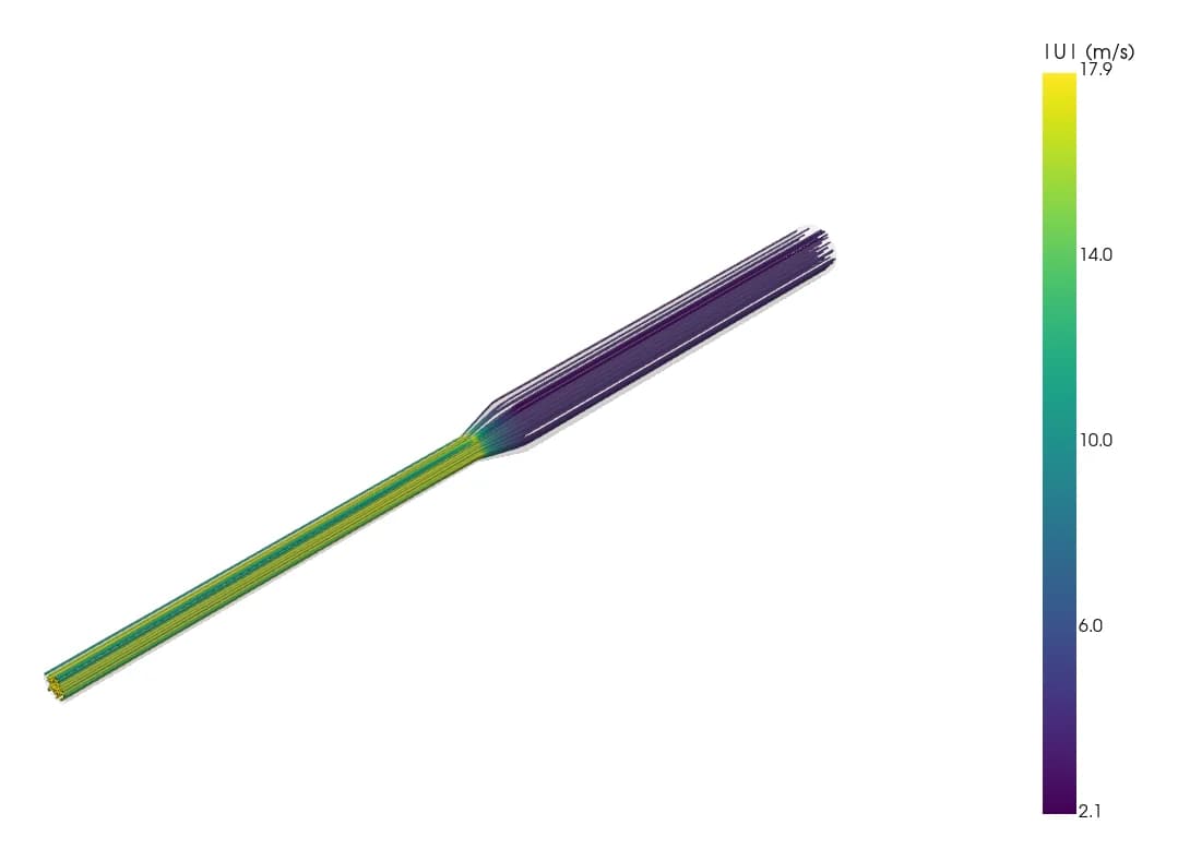 Streamlines coloured by speed through a reducer.