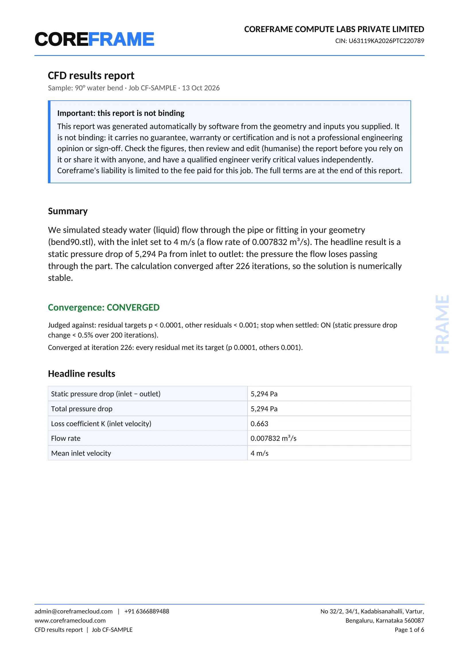 Page 1 of a Coreframe CFD results report on the company letterhead: plain-language summary, convergence verdict, pressure drop and loss coefficient