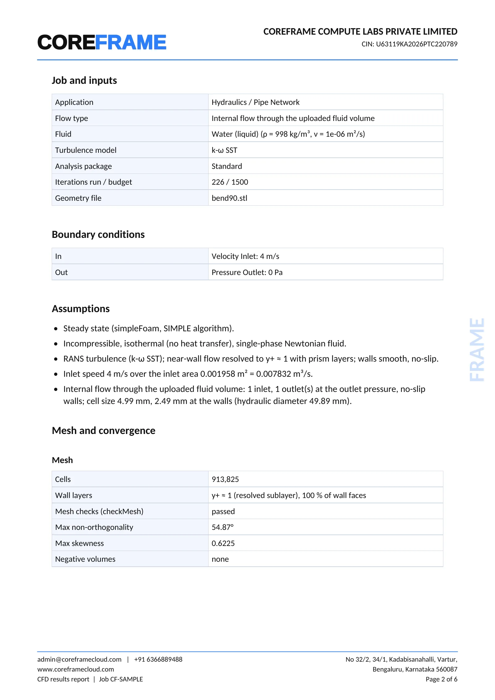 Page 2 of a Coreframe CFD results report: job inputs, boundary conditions, assumptions and mesh quality