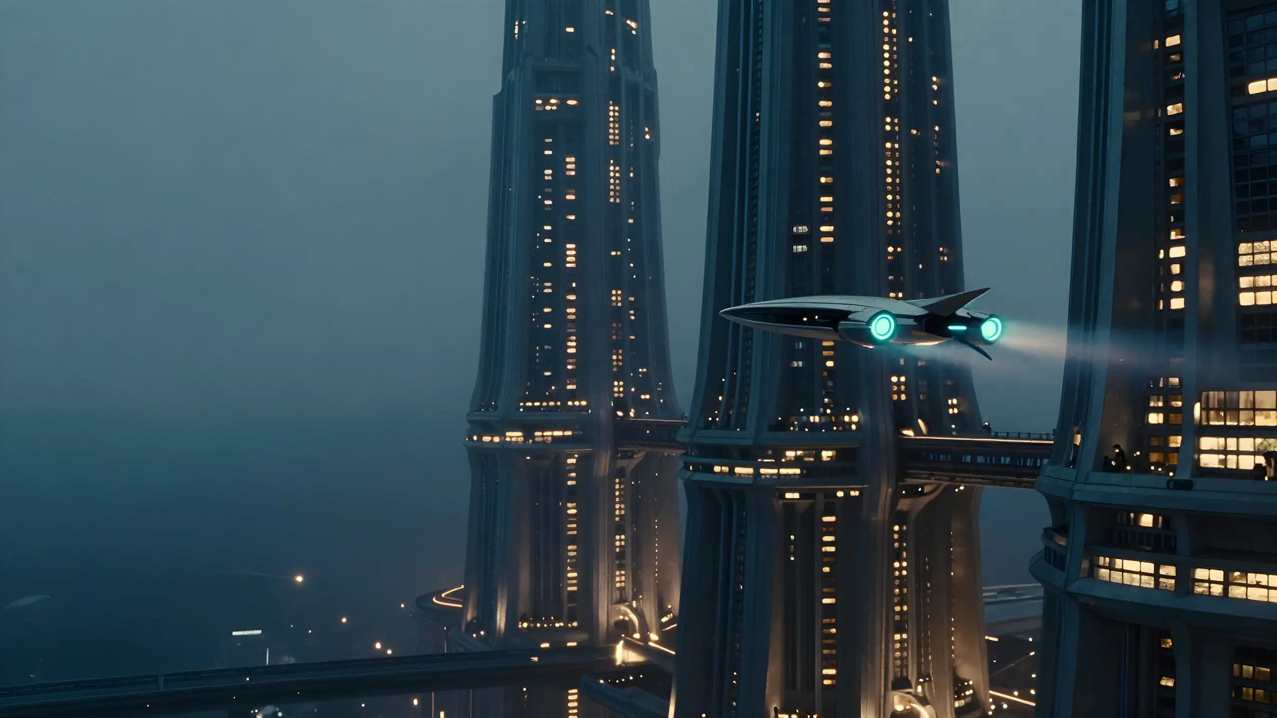 A sleek craft gliding between towering night-lit skyscrapers in the mist