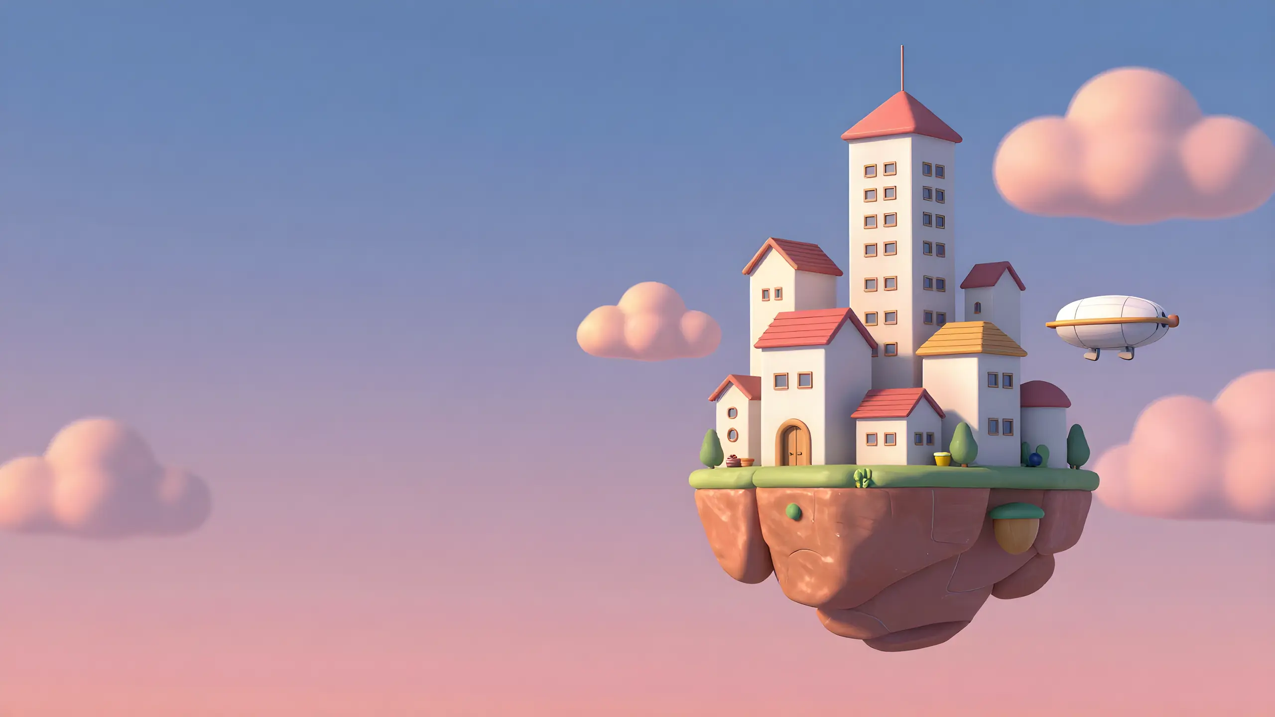 A floating island town and a small airship among pink clouds at dusk