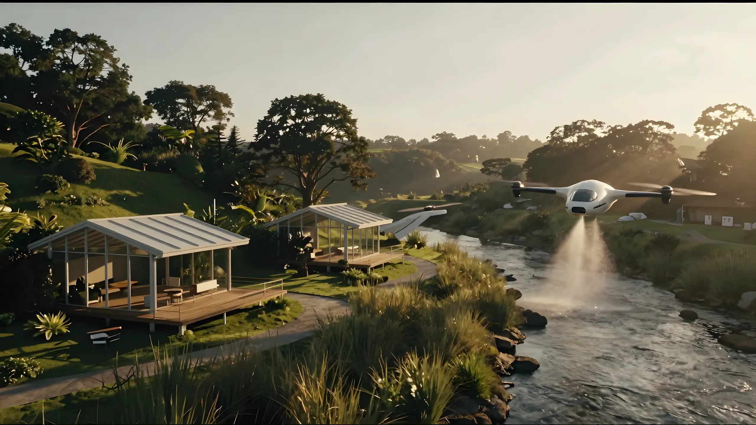 A VTOL craft skimming a river past open pavilions in a green valley at golden hour
