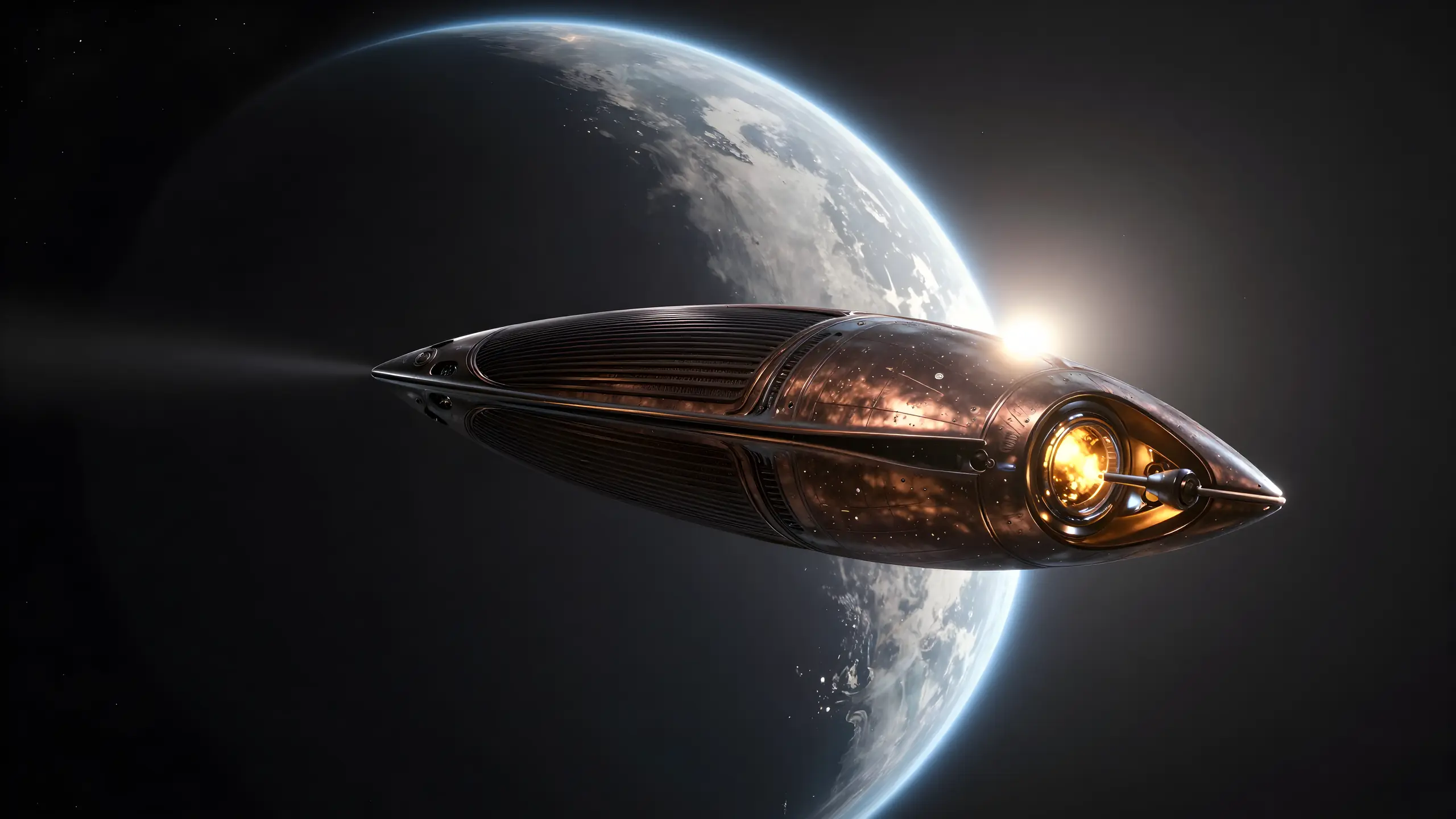 A slender bronze, seed-pod-shaped spacecraft gliding past the dark side of a planet as the sun rises over its rim