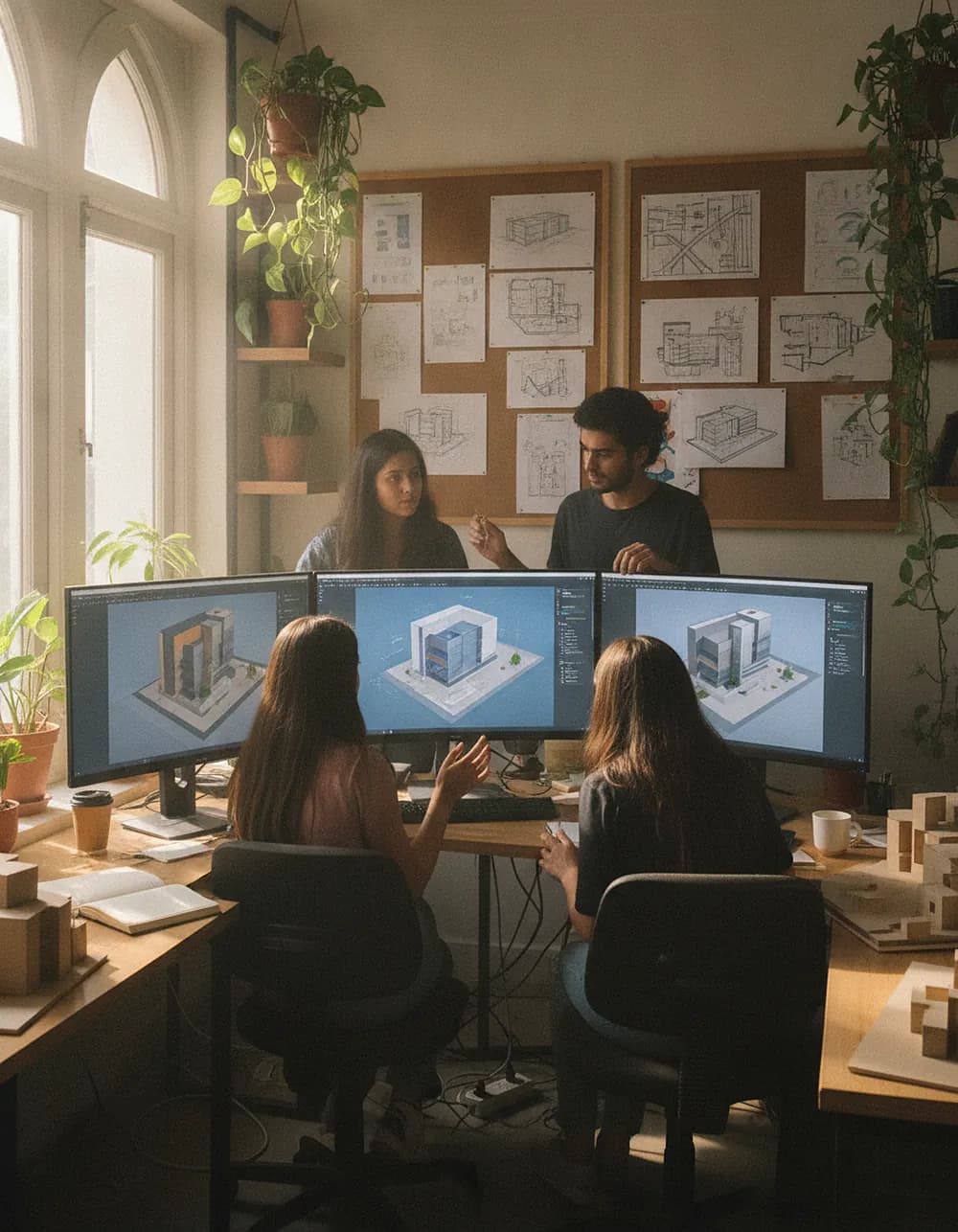A small design studio working together at shared desks