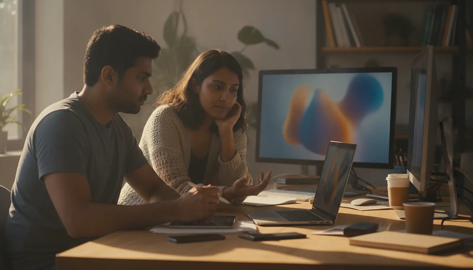 Two visualisers reviewing architectural stills together at a studio desk
