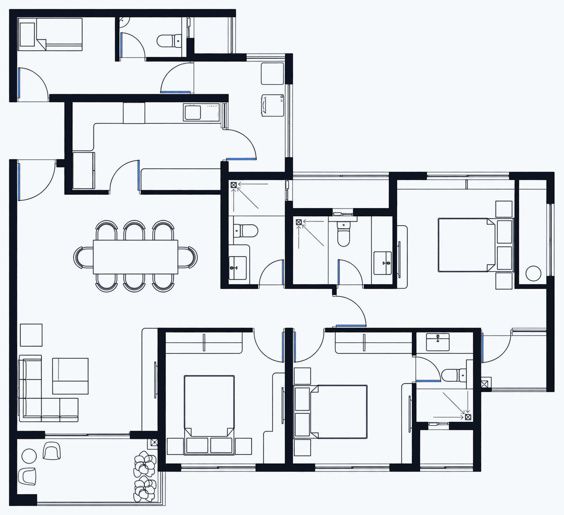 An architectural floor plan of a three-bedroom flat: three bedrooms with beds and wardrobes, three bathrooms with fixtures and floor drains, a kitchen with a counter run and appliances, a dining table for six, a living area and a planted balcony, with door swings and window openings marked.